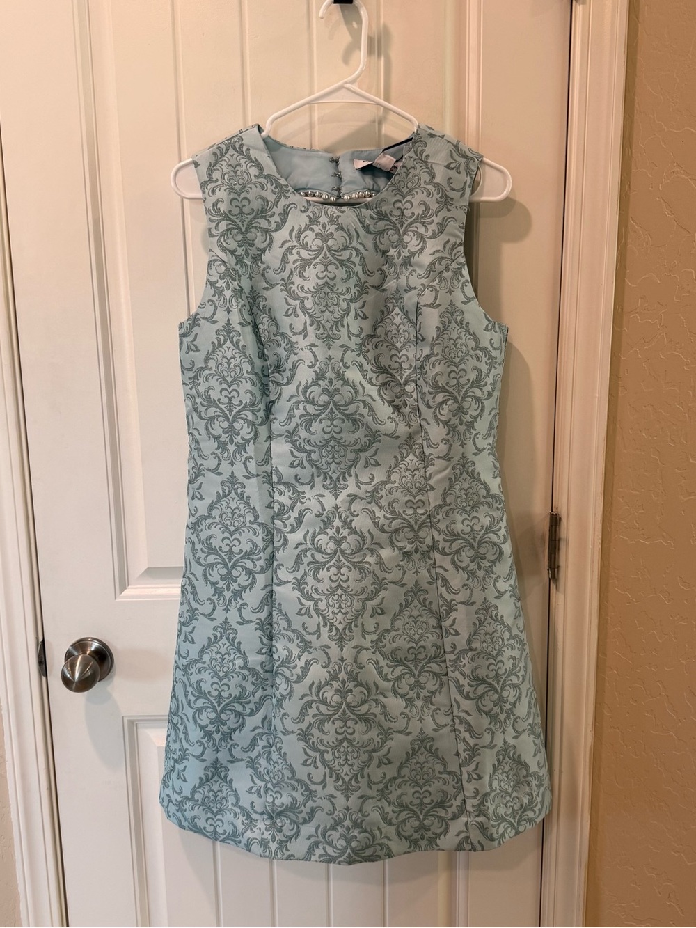 Bridgerton Cutout Heart Dress Teal Damask Pearl Back Detail Women’s M NWT - Picture 2 of 16